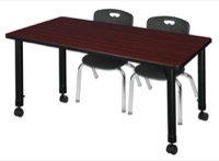 Regency Kee 48 x 24 in. Mobile Adjustable Classroom Table- Mahogany & 2 Andy 12 in. Stack Chairs- Black