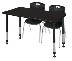 Kee 48" x 24" Height Adjustable Classroom Table  - Mocha Walnut & 2 Andy 18-in Stack Chairs - Black
