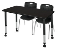Kee 48" x 24" Height Adjustable Mobile Classroom Table  - Mocha Walnut & 2 Andy 18-in Stack Chairs - Black