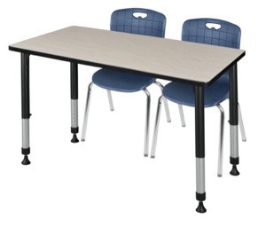 Kee 48" x 24" Height Adjustable Classroom Table  - Maple & 2 Andy 18-in Stack Chairs - Navy Blue