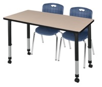 Kee 48" x 30" Height Adjustable Mobile Classroom Table  - Beige & 2 Andy 18-in Stack Chairs - Navy Blue