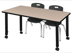 Kee 48" x 30" Height Adjustable Mobile Classroom Table  - Beige & 2 Andy 12-in Stack Chairs - Black