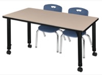 Kee 48" x 30" Height Adjustable Mobile Classroom Table  - Beige & 2 Andy 12-in Stack Chairs - Navy Blue