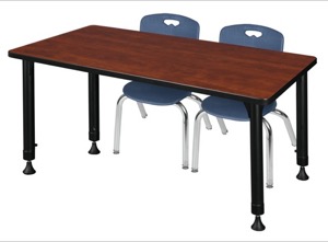 Kee 48" x 30" Height Adjustable Classroom Table  - Cherry & 2 Andy 12-in Stack Chairs - Navy Blue