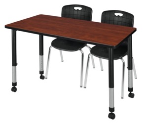 Kee 48" x 30" Height Adjustable Mobile Classroom Table  - Cherry & 2 Andy 18-in Stack Chairs - Black