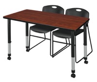 Regency Kee 48 x 30 in. Mobile Adjustable Classroom Table- Cherry & 2 Zeng Stack Chairs- Black