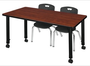 Kee 48" x 30" Height Adjustable Mobile Classroom Table  - Cherry & 2 Andy 12-in Stack Chairs - Black