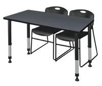 Regency Kee 48 x 30 in. Adjustable Classroom Table- Grey & 2 Zeng Stack Chairs- Black