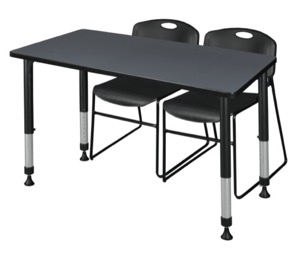 Kee 48" x 30" Height Adjustable Classroom Table  - Grey & 2 Zeng Stack Chairs - Black