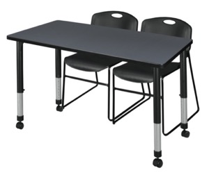 Kee 48" x 30" Height Adjustable Mobile Classroom Table  - Grey & 2 Zeng Stack Chairs - Black