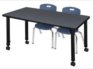 Kee 48" x 30" Height Adjustable Mobile Classroom Table  - Grey & 2 Andy 12-in Stack Chairs - Navy Blue