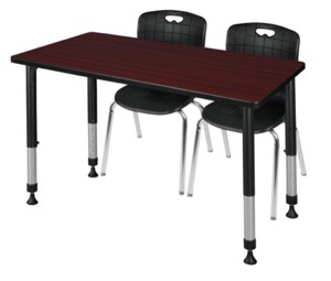 Kee 48" x 30" Height Adjustable Classroom Table  - Mahogany & 2 Andy 18-in Stack Chairs - Black