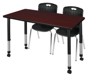 Kee 48" x 30" Height Adjustable Mobile Classroom Table  - Mahogany & 2 Andy 18-in Stack Chairs - Black