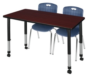Kee 48" x 30" Height Adjustable Mobile Classroom Table  - Mahogany & 2 Andy 18-in Stack Chairs - Navy Blue
