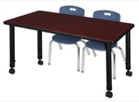 Regency Kee 48 x 30 in. Mobile Adjustable Classroom Table- Mahogany & 2 Andy 12 in. Stack Chairs- Blue