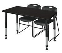 Kee 48" x 30" Height Adjustable Classroom Table  - Mocha Walnut & 2 Zeng Stack Chairs - Black
