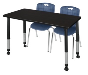 Kee 48" x 30" Height Adjustable Mobile Classroom Table  - Mocha Walnut & 2 Andy 18-in Stack Chairs - Navy Blue