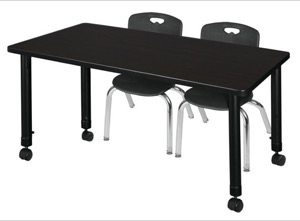 Kee 48" x 30" Height Adjustable Mobile Classroom Table  - Mocha Walnut & 2 Andy 12-in Stack Chairs - Black