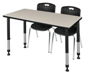 Kee 48" x 30" Height Adjustable Classroom Table  - Maple & 2 Andy 18-in Stack Chairs - Black