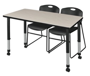 Kee 48" x 30" Height Adjustable Mobile Classroom Table  - Maple & 2 Zeng Stack Chairs - Black