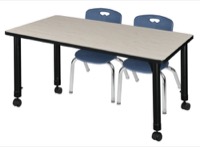 Regency Kee 48 x 30 in. Mobile Adjustable Classroom Table- Maple & 2 Andy 12 in. Stack Chairs- Blue