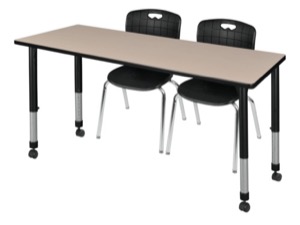 Kee 60" x 24" Height Adjustable Mobile Classroom Table  - Beige & 2 Andy 18-in Stack Chairs - Black