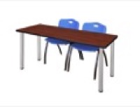 Regency Kee 60 x 24 in. Training Table- Cherry Top, Chrome Legs & 2 M Stack Chairs- Blue