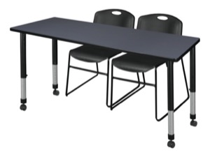 Kee 60" x 24" Height Adjustable Mobile Classroom Table  - Grey & 2 Zeng Stack Chairs - Black