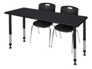 Kee 60" x 24" Height Adjustable Classroom Table  - Mocha Walnut & 2 Andy 18-in Stack Chairs - Black