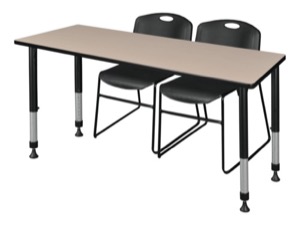 Kee 60" x 30" Height Adjustable Classroom Table  - Beige & 2 Zeng Stack Chairs - Black 