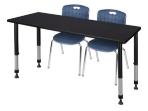 Kee 60" x 30" Height Adjustable Classroom Table  - Mocha Walnut & 2 Andy 18-in Stack Chairs - Navy Blue