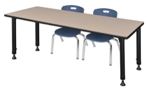 Kee 66" x 24" Height Adjustable Classroom Table  - Beige & 2 Andy 12-in Stack Chairs - Navy Blue 