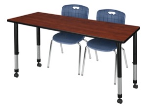 Kee 66" x 24" Height Adjustable Mobile Classroom Table  - Cherry & 2 Andy 18-in Stack Chairs - Navy Blue