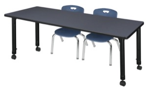 Kee 66" x 24" Height Adjustable Mobile Classroom Table  - Grey & 2 Andy 12-in Stack Chairs - Navy Blue