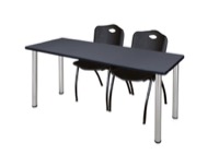 Regency Kee 66 x 24 in. Training Table- Grey Top, Chrome Legs & 2 M Stack Chairs- Black