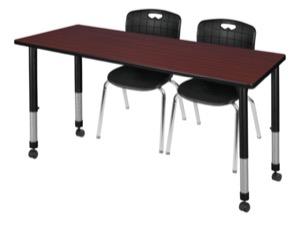 Kee 66" x 24" Height Adjustable Mobile Classroom Table  - Mahogany & 2 Andy 18-in Stack Chairs - Black