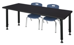 Kee 66" x 24" Height Adjustable Classroom Table  - Mocha Walnut & 2 Andy 12-in Stack Chairs - Navy Blue