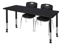 Kee 66" x 24" Height Adjustable Mobile Classroom Table  - Mocha Walnut & 2 Andy 18-in Stack Chairs - Black