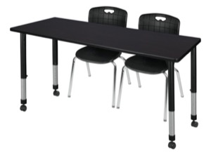 Kee 66" x 24" Height Adjustable Mobile Classroom Table  - Mocha Walnut & 2 Andy 18-in Stack Chairs - Black