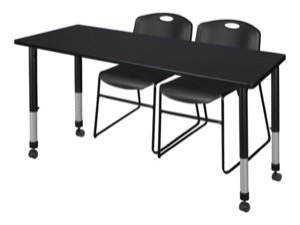 Kee 66" x 24" Height Adjustable Mobile Classroom Table  - Mocha Walnut & 2 Zeng Stack Chairs - Black