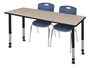 Kee 66" x 30" Height Adjustable Mobile Classroom Table  - Beige & 2 Andy 18-in Stack Chairs - Navy Blue