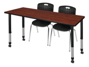 Kee 66" x 30" Height Adjustable Mobile Classroom Table  - Cherry & 2 Andy 18-in Stack Chairs - Black