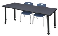 Regency Kee 66 x 30 in. Mobile Adjustable Classroom Table- Grey & 2 Andy 12 in. Stack Chairs- Blue