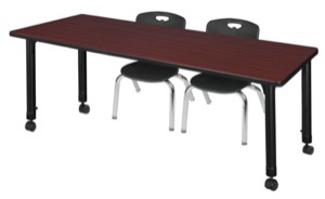 Kee 66" x 30" Height Adjustable Mobile Classroom Table  - Mahogany & 2 Andy 12-in Stack Chairs - Black