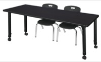 Kee 66" x 30" Height Adjustable Mobile Classroom Table  - Mocha Walnut & 2 Andy 12-in Stack Chairs - Black