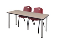 72" x 24" Kee Training Table - Beige/ Chrome & 2 'M' Stack Chairs - Burgundy