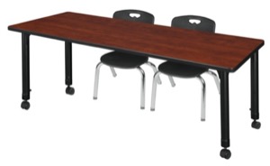 Kee 72" x 24" Height Adjustable Mobile Classroom Table  - Cherry & 2 Andy 12-in Stack Chairs - Black