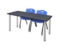 Regency Kee 72 x 24 in. Training Table- Grey Top, Chrome Legs & 2 M Stack Chairs- Blue