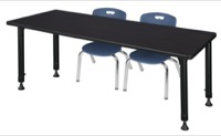 Kee 72" x 24" Height Adjustable Classroom Table  - Mocha Walnut & 2 Andy 12-in Stack Chairs - Navy Blue