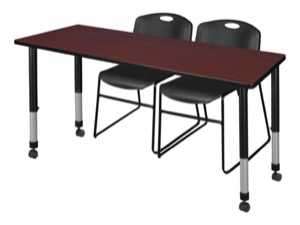 Kee 72" x 30" Height Adjustable Mobile Classroom Table  - Mahogany & 2 Zeng Stack Chairs - Black